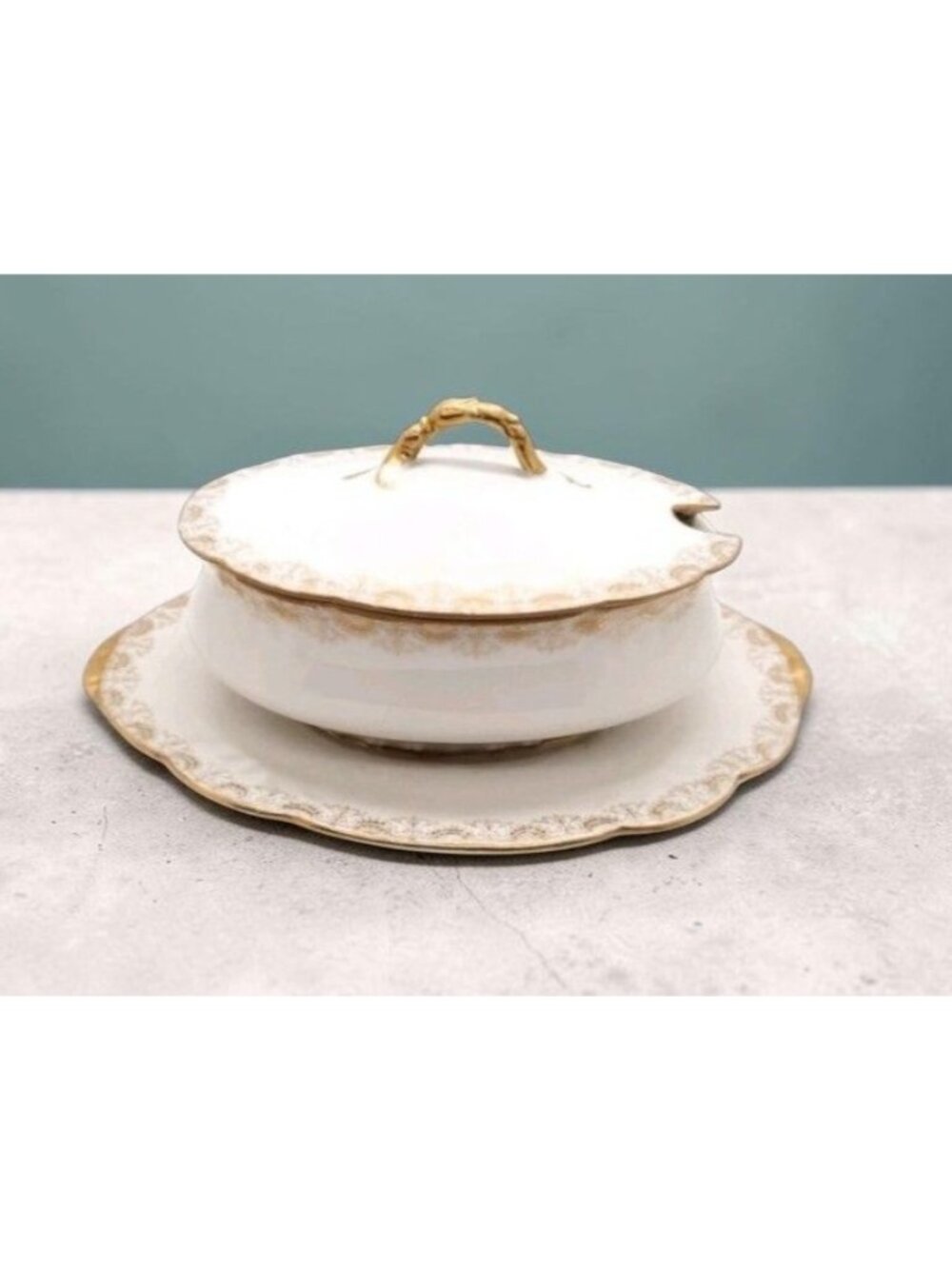 Antique LS & S Limoges France Lidded Gravy Boat Underplate White Gold Design